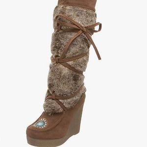 Dollhouse Darka boots Tall furry with straps and decal on toes high heel